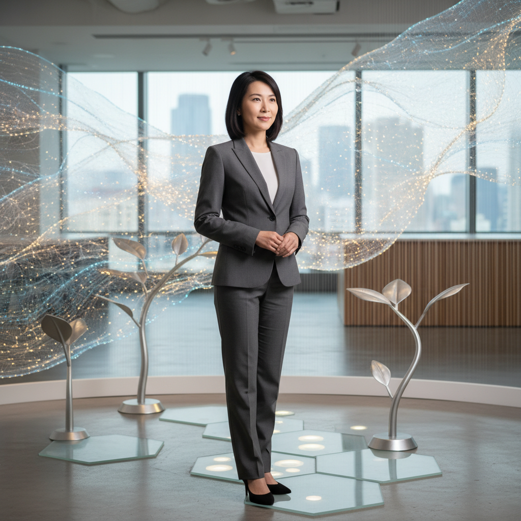 一位女性企業顧問身穿專業西裝，站在現代辦公室內，透過透明的數位投影與虛擬樹狀圖互動，象徵企業數位轉型和組織再造的過程。