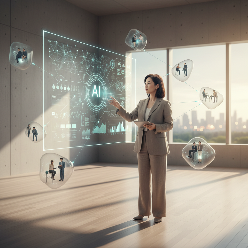 一位女性專業人士站在現代辦公室內，手持平板，面對投影的AI數位轉型圖像，背景有大窗戶和城市景色，展示企業數位轉型與人才發展的情境。