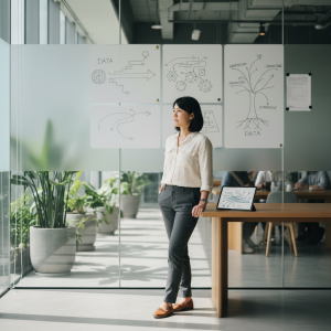 Alt text內容：一位女性在現代辦公室內，站在白板前觀察數位轉型與企業管理相關的圖表與策略圖，背景是玻璃牆與綠色植物。