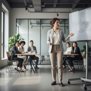 在會議室中，一位女性顧問正在進行中小企業數位轉型的簡報，背景中有群組成員專注聆聽，展示企業轉型的有效策略。