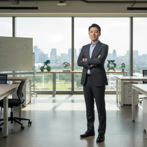 在高樓辦公室內，一名穿著西裝的企業主管站立，展現自信與專業，背景是都市風景，窗邊擺放著創意模型，象徵著中小企業數位轉型的願景與可能。