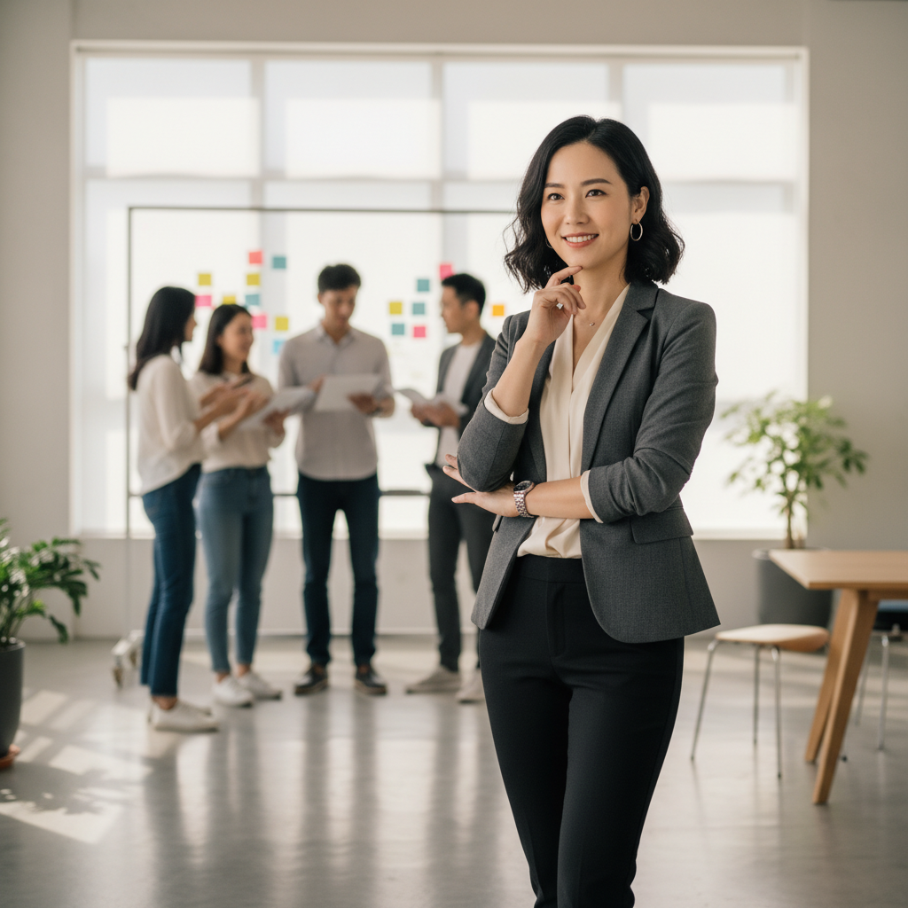 圖像中，一位穿著專業西裝的女性微笑著站在辦公室前，表情自信，背景是幾位同事正在進行小組討論，代表著中小企業數位轉型的溝通協作場景。