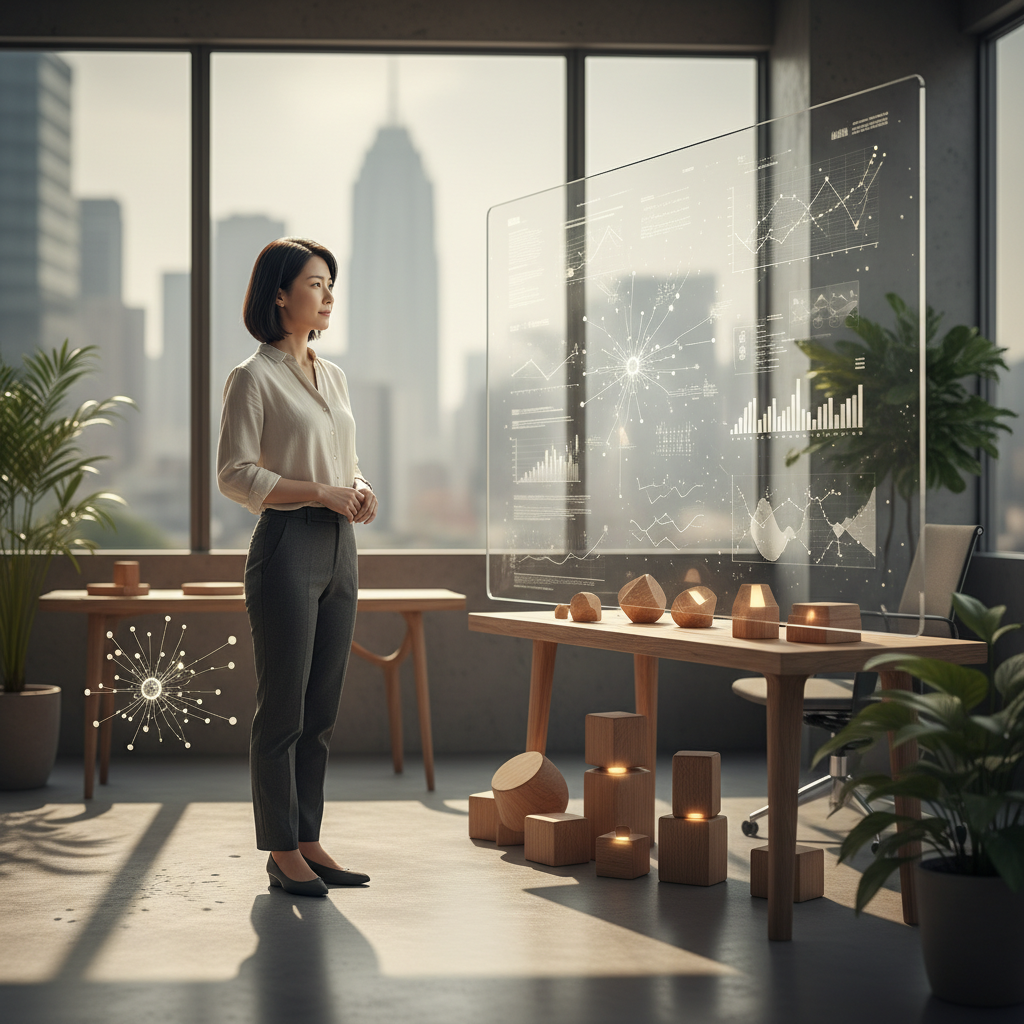 一位專業女性顧問站在高科技數位轉型展示台前，背景是現代辦公室和同事正在工作，展示數位轉型與企業管理的結合。