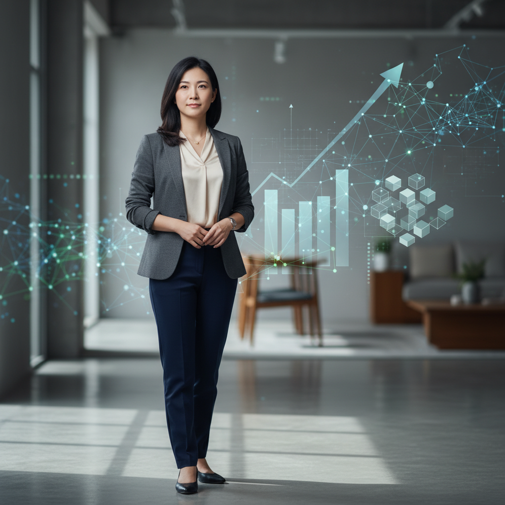 一位女性企業顧問穿著正式西裝,在現代辦公室內站在大螢幕前,螢幕展示數位轉型相關的數據和圖表,背景有團隊成員正在討論。