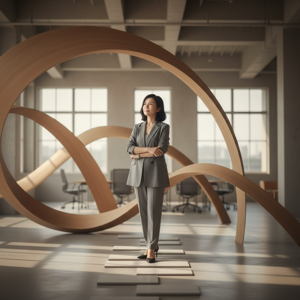 一位女性企業顧問站在高樓辦公室內,面對透明的數位分析圖表,背景是城市天際線,象徵企業轉型與數位策略。