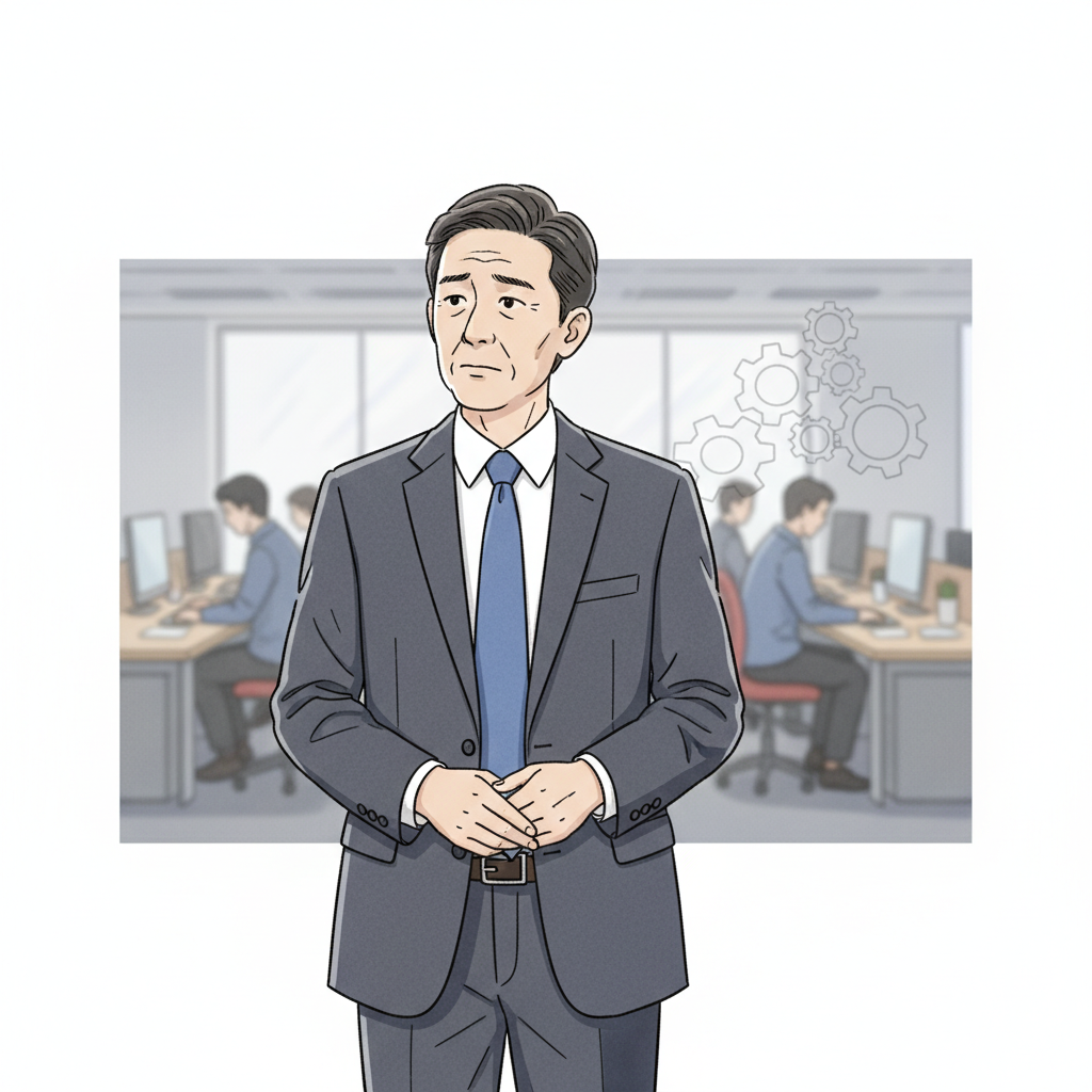 穿著西裝的企業顧問站在辦公室內，背景是多位員工在電腦前工作，象徵企業數位轉型與組織再造的討論場景。