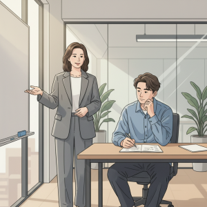繁體中文 alt：一位女性顧問在會議室中向年輕男員工解說數位轉型策略，兩人討論企業轉型與組織再造的相關議題