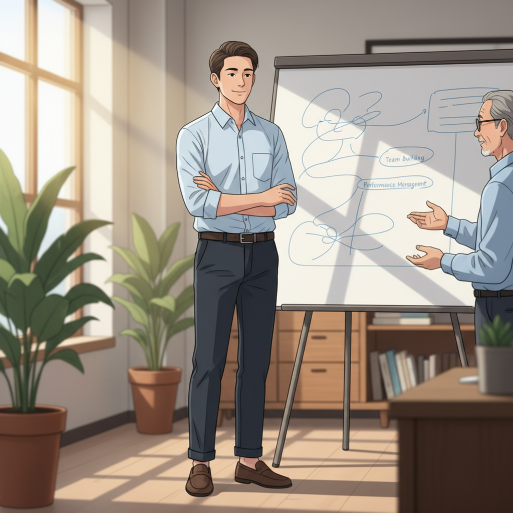 alt：一位年輕男士在辦公室內站在白板前，正在進行企業轉型與數位轉型的專業演講，背景有陽光照進的窗戶和綠色植物。