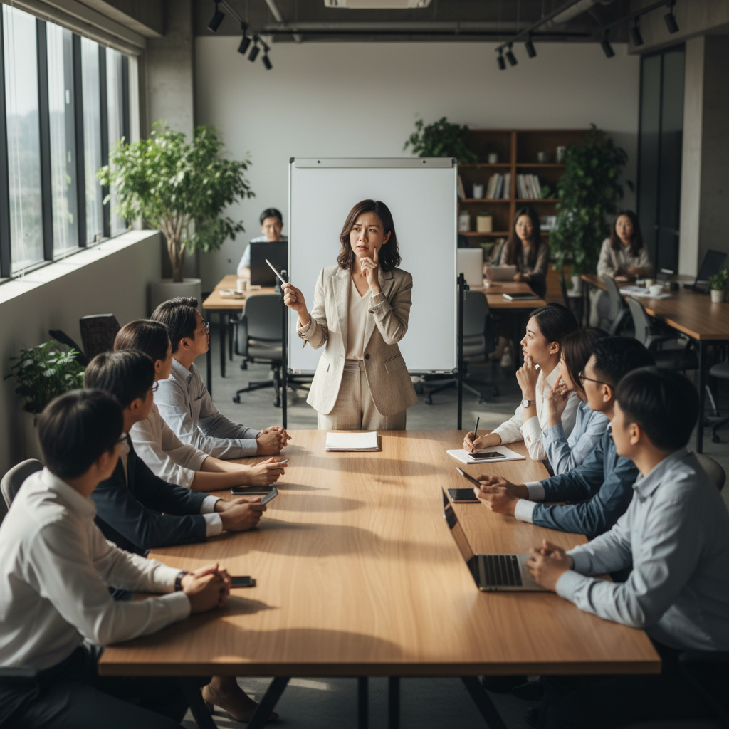 一位女性講師在會議室中用投影片向企業員工展示數位轉型與企業管理策略,場景中有多位員工專注聆聽與筆記,背景有書架與綠色植物