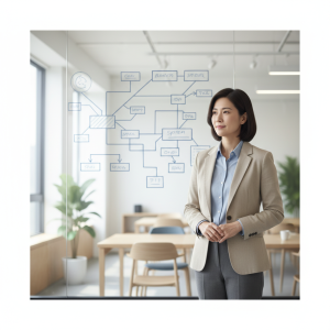 ALT：一位女性企業顧問站在會議室內，專注於設計企業數位轉型與組織再造的流程圖，背景有白板與辦公桌