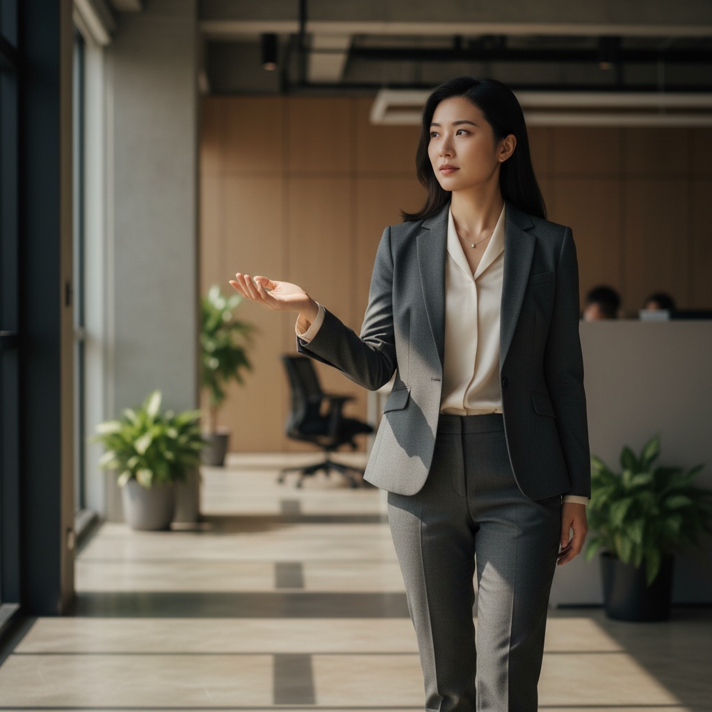 一位專業女性顧問穿著西裝在辦公室內,手勢示意組織轉型與企業管理相關議題,背景有同事與辦公桌