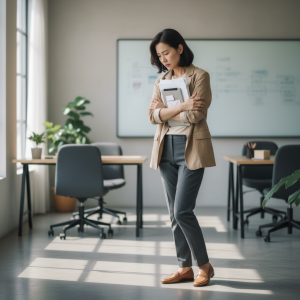 Alt text：一位女性企業顧問站在辦公室內，手持文件和筆記本，專注思考企業數位轉型與組織再造的策略，背景有白板和辦公桌。