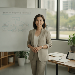 女性企業顧問在辦公室白板前解說企業轉型與人資趨勢，背景有窗戶和辦公設備，專注於企業管理與數位轉型議題。