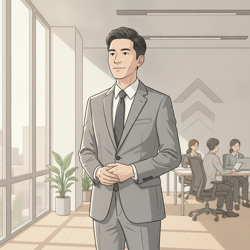 男士穿著西裝站在辦公室內，背景有多位同事正在討論或使用電腦，展現企業數位轉型與組織再造的專業場景