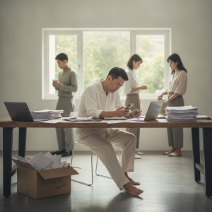 辦公室內忙碌的企業管理顧問，桌上堆滿文件與電腦，背景窗外綠意盎然，象徵企業轉型與人才發展的場景。