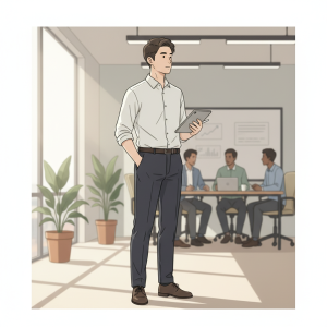 Alt text：一位男士身穿白襯衫，手持平板電腦站立在會議室內，背景中有三位同事正討論企業轉型與人資趨勢，窗外陽光照進室內
