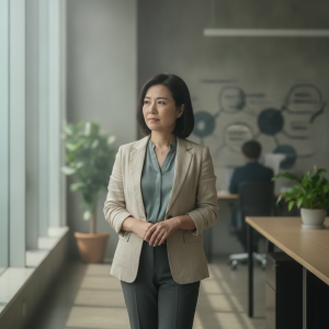 Alt text內容：一位穿著正式西裝的女經理站在辦公室窗邊，思考企業轉型與數位轉型的議題，背景有數位轉型相關的圖示牆面