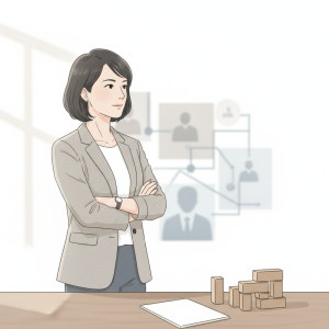 繁體中文 alt：一位女性顧問站在桌子前，背景有企業組織架構圖，展現數位轉型與企業管理的專業場景。