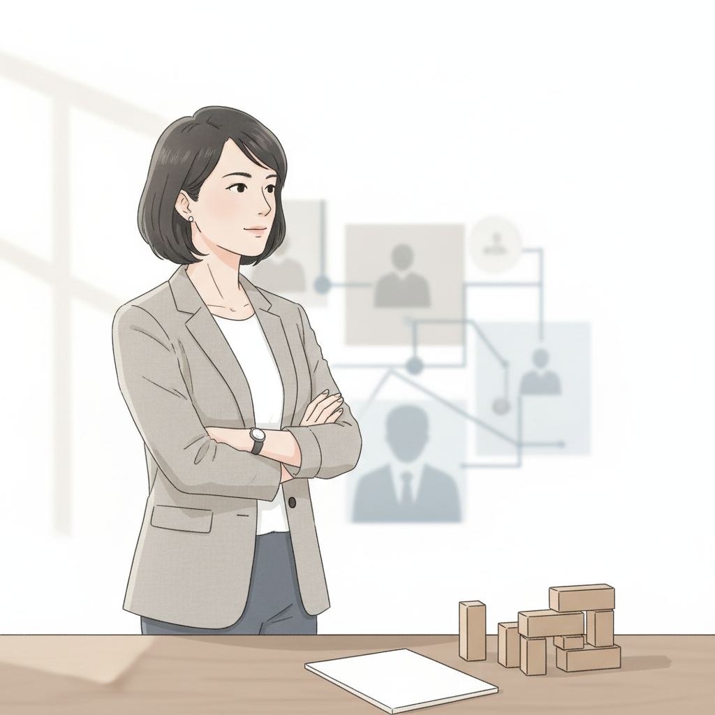 一位女性顧問站在桌子前,背景有企業組織架構圖,展現數位轉型與企業管理的專業場景