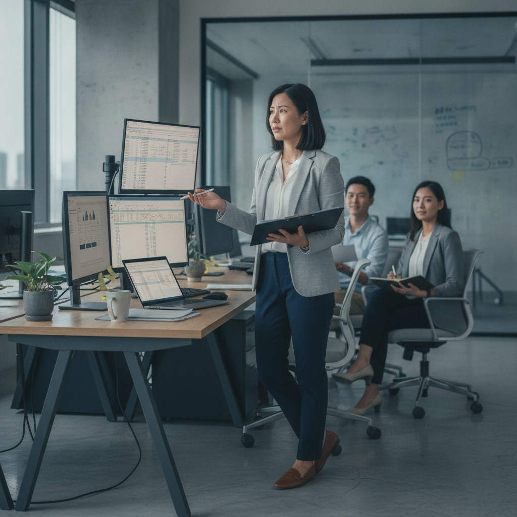 一位女性企業顧問在辦公室中,用筆指向多個電腦螢幕,旁邊坐著兩位同事,場景展示企業轉型與數位化討論。