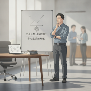 繁體中文 alt：一位男士站在白板前思考企業數位轉型與組織再造，背景有其他同事討論，展示中小企業數位轉型的場景。