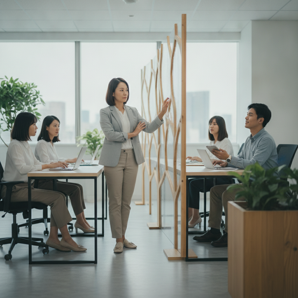 女性講師在會議室中解說企業轉型策略