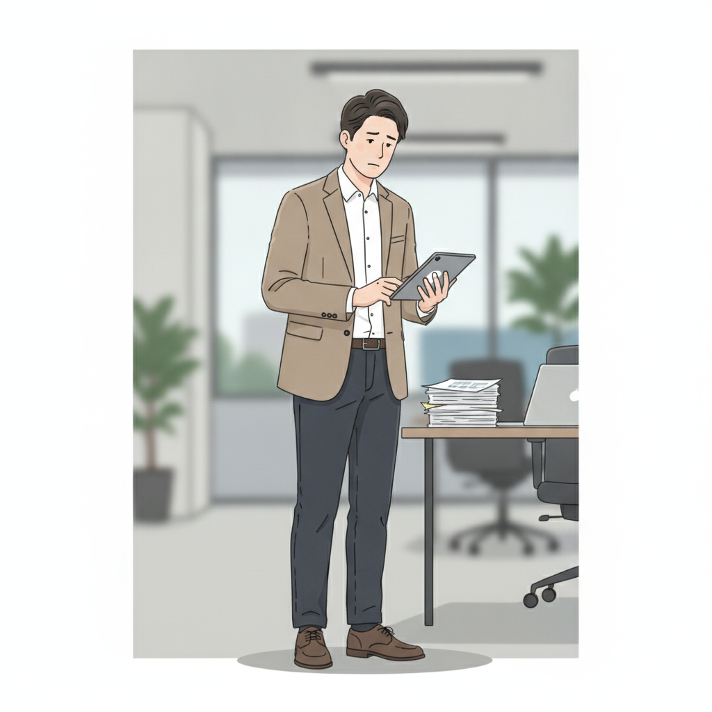 一位穿著商務西裝的男士站在辦公室內,專注地用平板電腦檢視資料,桌上堆滿文件,背景有辦公桌和植物,代表企業轉型與數位顧問的情境。