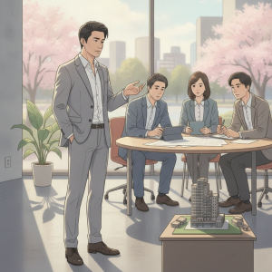 繁體中文 alt：一群商務人士在會議室討論企業數位轉型策略，背景是都市景觀和櫻花樹，強調中小企業數位轉型與組織再造的情境。