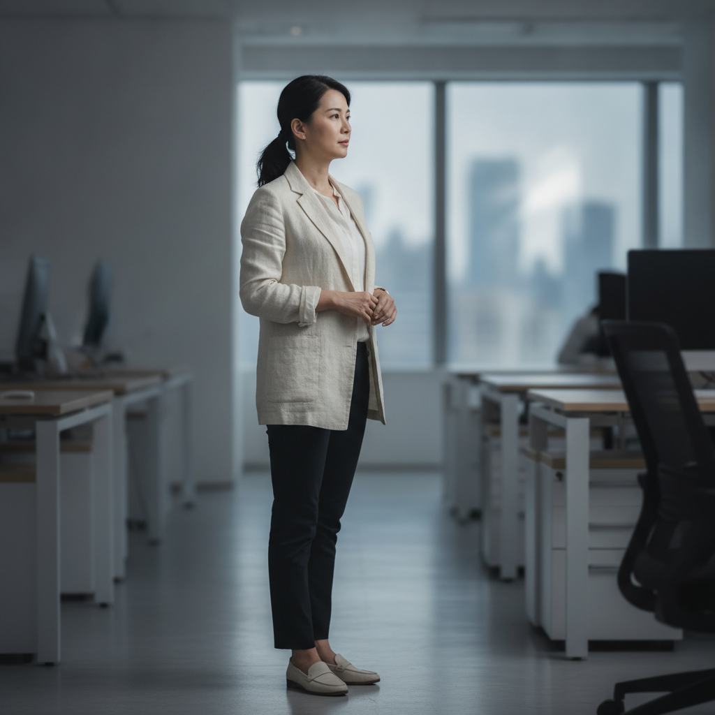 一位女性商務人士在現代辦公室中,專注地進行企業數位轉型策略規劃,展現領導力與賦能團隊的情境。