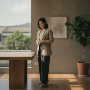 Alt text：一位穿著商務西裝的女性在辦公室內站立，背景有大窗戶和綠色植物，顯示企業轉型與數位轉型的專業場景。
