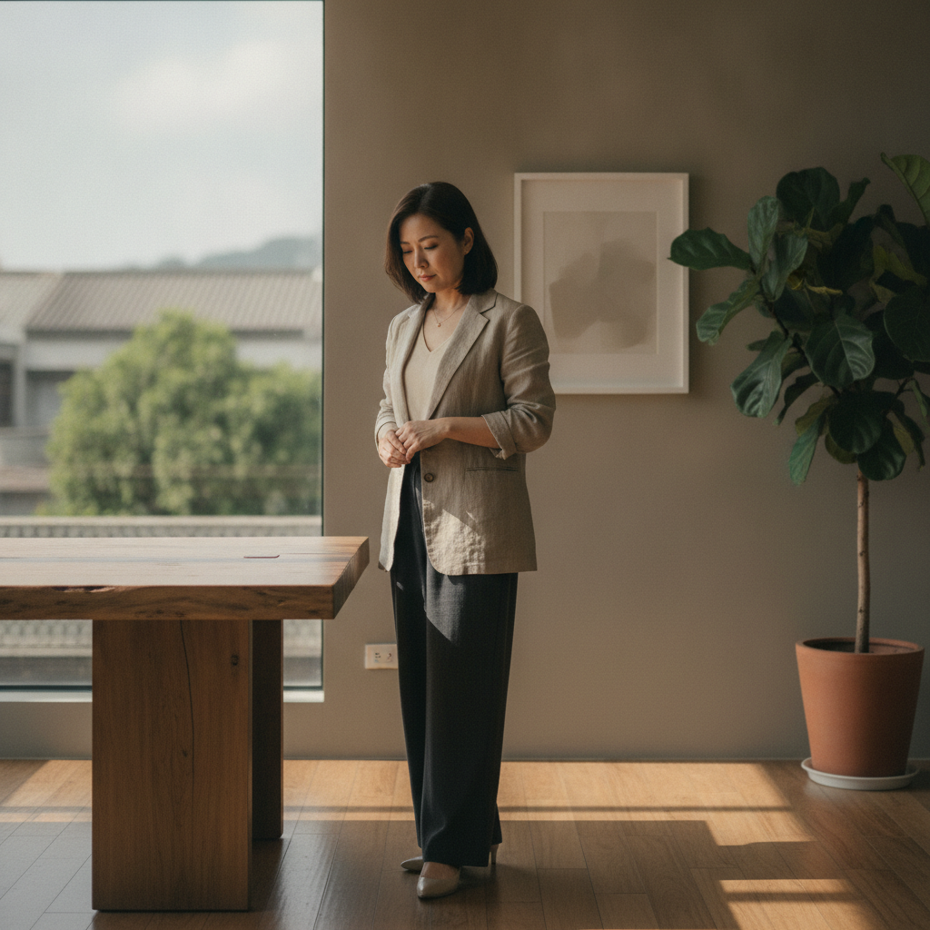 Alt text：一位穿著商務西裝的女性在辦公室內站立，背景有大窗戶和綠色植物，顯示企業轉型與數位轉型的專業場景。