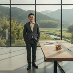 ▲企業轉型、數位轉型、組織再造的專業顧問在辦公室內，背景是山景和自然風光，展現專業與創新