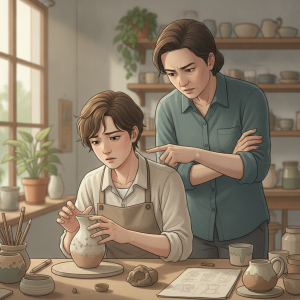 繁體中文 alt：一位陶藝老師正在指導學生在陶藝工作坊中製作陶器，學生專注於手中的陶器作品，老師在旁詳細解說，背景有陶瓷作品和工作工具。